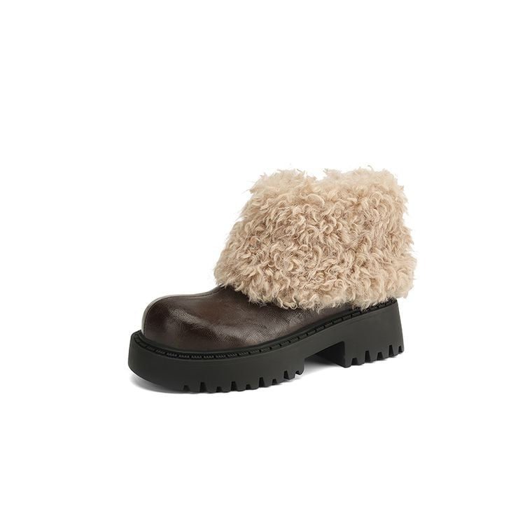 Chunky Shoes with High Fur Collar - Brown