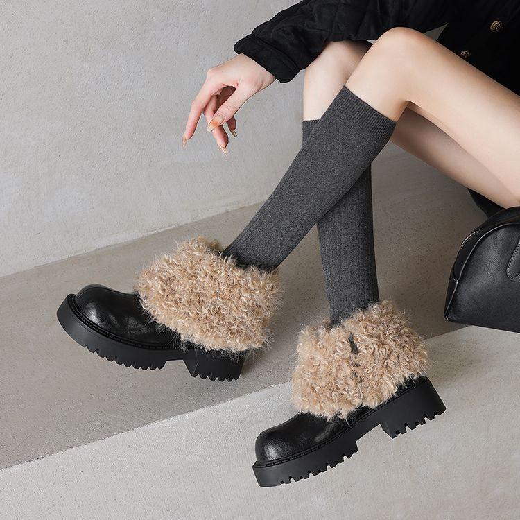 Chunky Shoes with High Fur Collar - Black