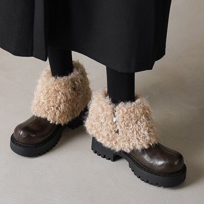 Chunky Shoes with High Fur Collar - Brown