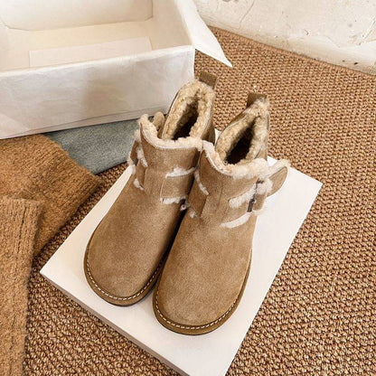 Suede Winter Boots with Strap - Brown